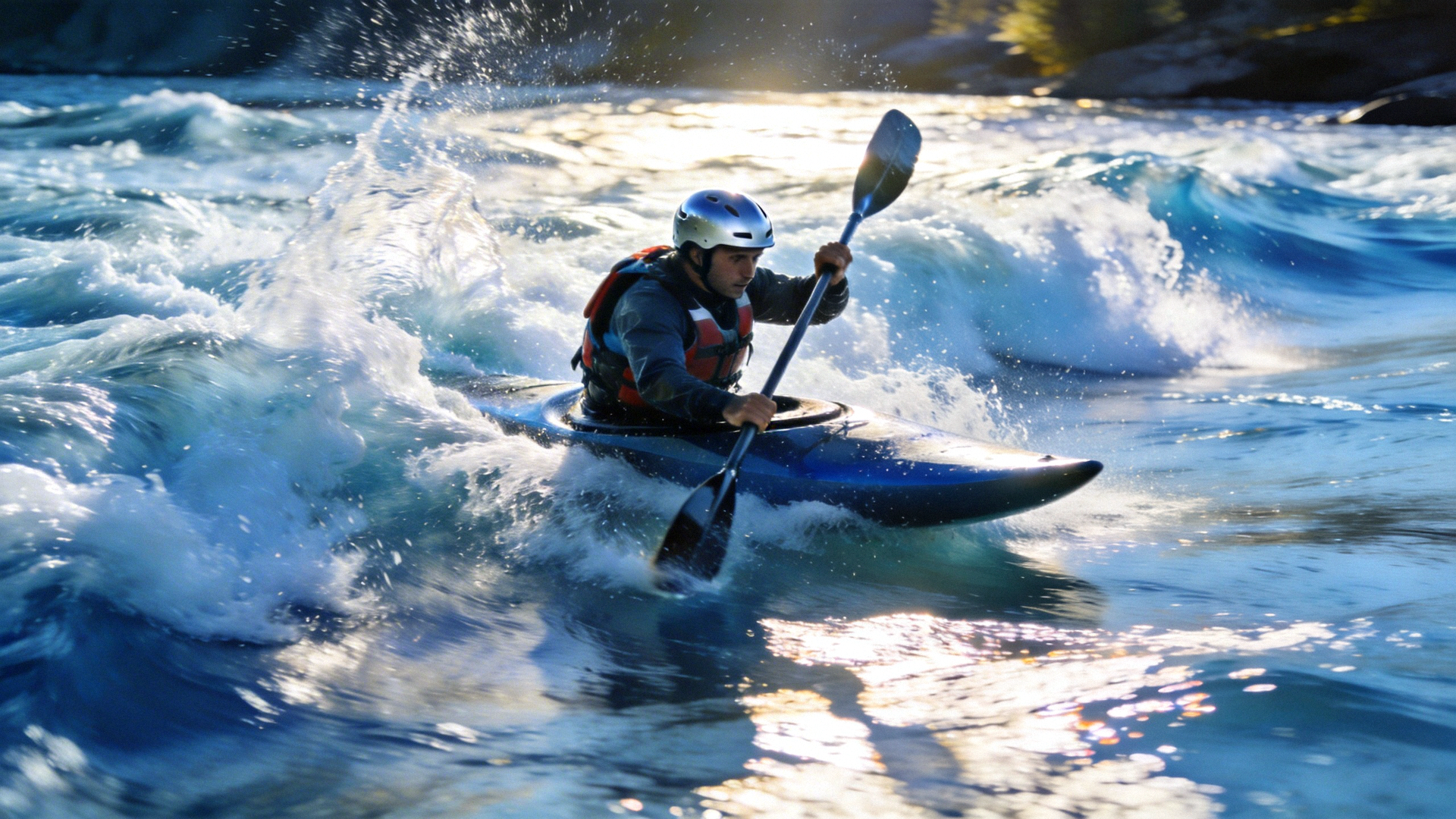 探险者在湍急的河流中进行皮划艇运动的精彩瞬间